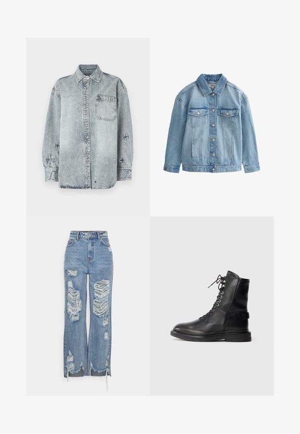 Lyseblå denimjakke med knaplukning, to brystlommer med klap og knapper samt en klassisk krave.; Lyseblå denimskjorte med lange ærmer, knaplukning foran, enkelt brystlomme og krydsbroderi detaljer på ærmerne.; Blå højtaljede jeans lavet af denim, med store slidte lapper, rå kant og en løs pasform med sideslids ved anklerne.; Sort læder ankelstøvle med snørre i front, sølv øjer, tekstureret sort gummisål og polstret krave for komfort.