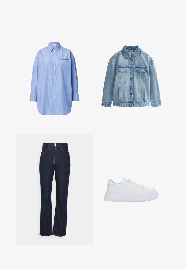 Lichtblauwe spijkerjack met knoopsluiting, twee borstflapzakken met knopen en een klassieke kraag.; Gestreepte blauwe button-up shirt met een zak met de tekst "STUDIO UNTOLD", klassieke kraag en lange mouwen.; FRAME HIGH EXPOSED ZIP - Straight leg jeans - dark blue; Witte lage sneaker met dikke plateauzool, veters aan de voorkant en een bovenwerk van glad leer, getoond vanaf de buitenzijde op een witte achtergrond.
