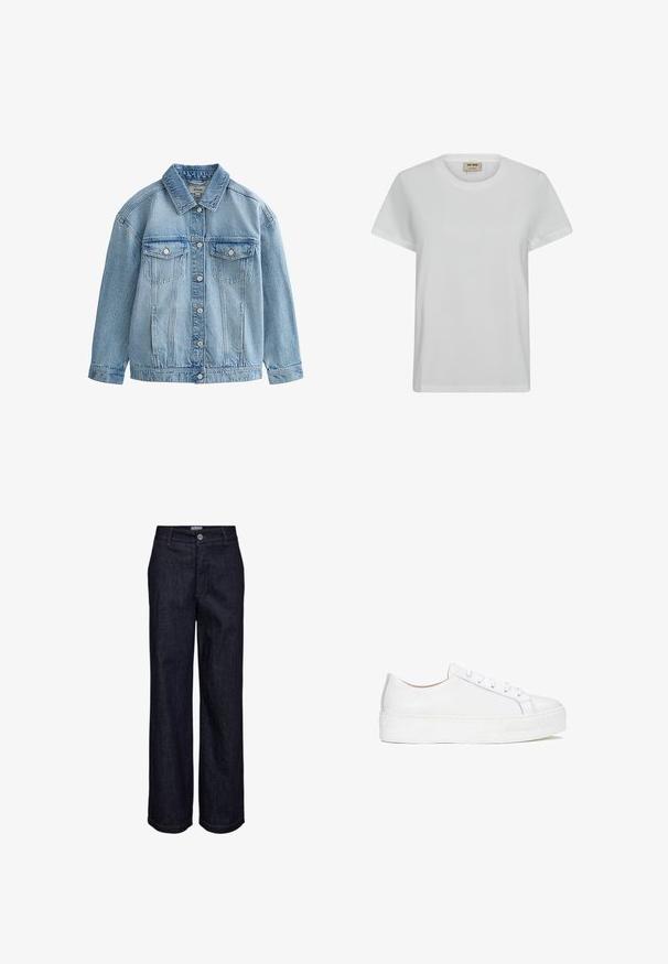 Hellblaue Jeansjacke mit Knopfverschluss, zwei Brustklappen mit Knöpfen und klassischem Kragen.; Weißes Baumwoll-T-Shirt mit klassischem Rundhalsausschnitt, kurzen Ärmeln und lockerer Passform. Es verfügt über minimale Nähte und keine Muster.; Dunkelblaue Denim-Jeans mit geradem Bein, Knopf- und Reißverschluss, Gürtelschlaufen und sichtbaren Nahtdetails.; Weiße Leder-sneaker mit glatter Oberfläche, runder Zehenform und flacher Sohle. Verfügt über eine Schnürung und dezente Nähdetails.