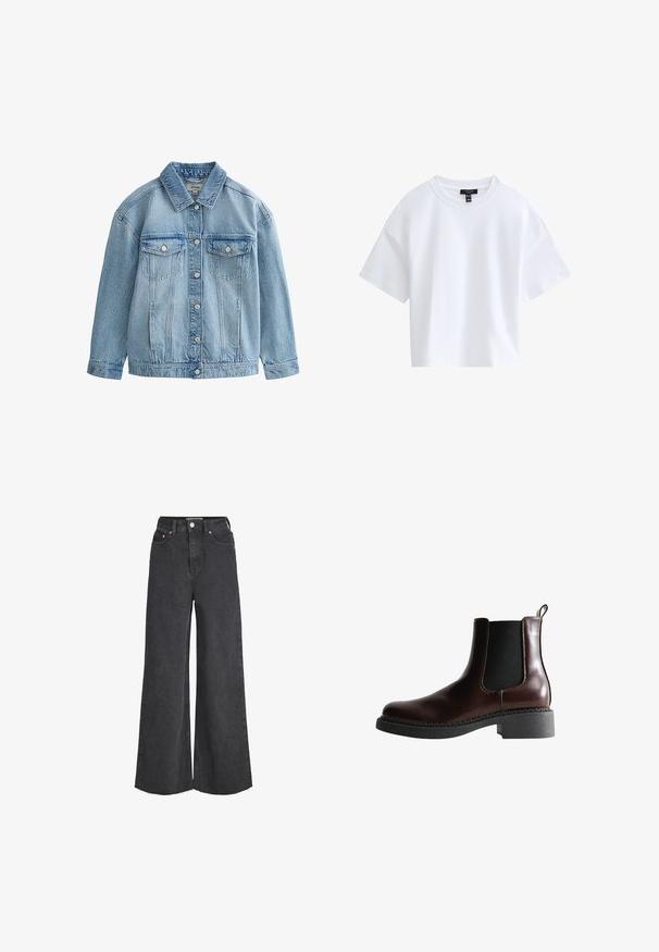 Lichtblauwe spijkerjack met knoopsluiting, twee borstflapzakken met knopen en een klassieke kraag.; Effen witte cropped T-shirt met korte mouwen, een ronde hals en een zwart merkembleem aan de binnenkant van de kraag.; Zwarte high-waist jeans met wijde pijpen, sluiting aan de voorkant met knopen en rits, voorzakken en rafelige zoom.; Bruine leren enkelboot met elastische zijpanelen, ronde neus en een gestructureerde zwarte rubberen zool. Heeft contrasterende stiksels en een lusje aan de achterkant.
