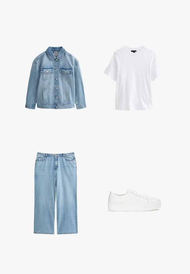 Chaqueta vaquera azul claro con cierre de botones, dos bolsillos en el pecho con solapa y botones, y un cuello clásico.; Camiseta blanca lisa de manga corta y cuello redondo con una etiqueta negra en el interior del cuello sobre un fondo blanco.; Culottes de mezclilla azul claro con cintura alta, piernas anchas y diseño de cinco bolsillos, con costuras en contraste y cierre de botón.; Zapatilla blanca de cuero con superficie lisa, punta redonda y suela plana. Presenta cierre con cordones y detalles de costura sutiles.