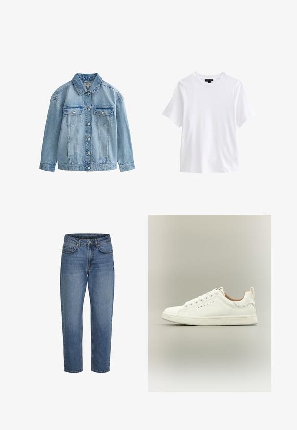 Lyseblå denimjakke med knaplukning, to brystlommer med klap og knapper samt en klassisk krave.; Hvid t-shirt med korte ærmer og rund halsudskæring med en sort tøjetiket inde i kraven på hvid baggrund.; Blå denim jeans med lige ben, forfra lukning med knap og lynlås samt lommer foran og bagpå, vist mod en hvid baggrund.; Hvid lav sneaker med snørebånd, perforerede sidedetaljer og en trækflap på hælen, sat mod en neutral baggrund.