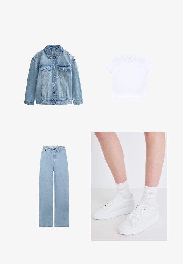 Hellblaue Jeansjacke mit Knopfverschluss, zwei Brustklappen mit Knöpfen und klassischem Kragen.; Schlichtes weißes T-Shirt mit kurzen Ärmeln und Rundhalsausschnitt, mit einem kleinen Etikett im Kragen, flach auf einem weißen Hintergrund liegend.; Helle blaue weit geschnittene Jeans aus Denim mit einem Kordelzugbund und einem klassischen Fünf-Taschen-Design. Der Stoff hat eine glatte Textur.; Copenhagen Studios CPH72 - Sneaker low - white