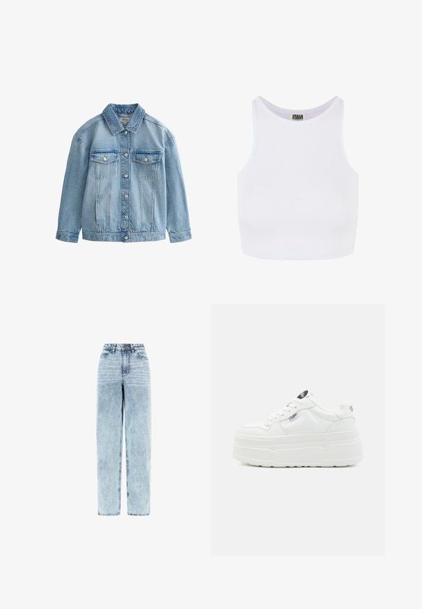 Veste en jean bleu clair avec fermeture à boutons, deux poches poitrine à rabat avec boutons, et un col classique.; Débardeur court blanc à côtes avec de larges bretelles et un col rond. Il présente une texture douce et un design minimaliste sans motifs.; Jean taille haute en denim bleu clair délavé, coupe droite, bouton et fermeture éclair à l’avant, poches avant.; Baskets plateforme blanches avec un extérieur synthétique lisse, un bout arrondi, un col rembourré et une semelle texturée. Présente une étiquette logo contrastante.