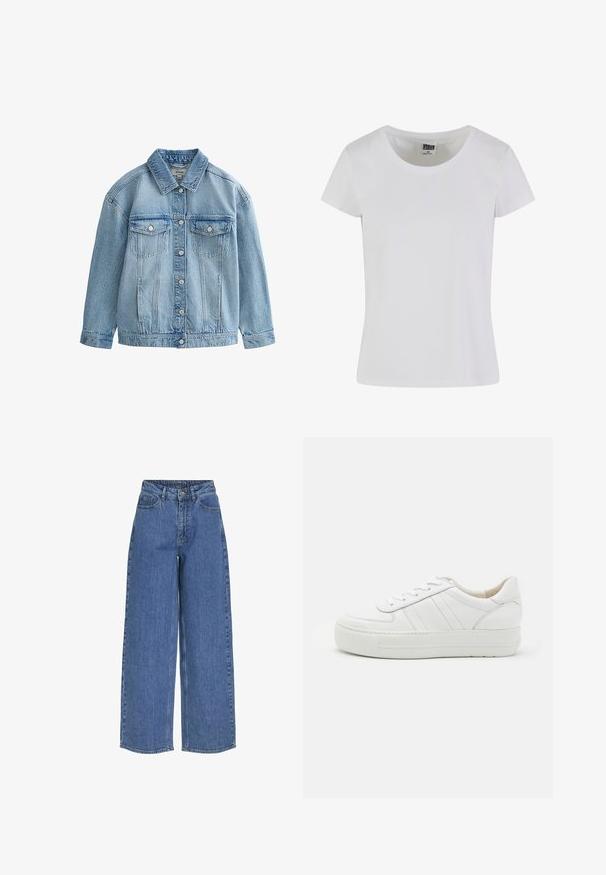 Lyseblå denimjakke med knaplukning, to brystlommer med klap og knapper samt en klassisk krave.; Hvid, kortærmet t-shirt lavet af bomuld. Har en rund halsudskæring og en tætsiddende form. Lappen læser "URBAN CLASSICS."; Bredde ben blå jeans med høj talje, lavet af denimstof. Egenskaber inkluderer frontlommer og knaplukning. Klassisk afslappet design.; Hvide lædersneakers med tekstureret overdel, polstret krave og flad gummisål. Har diskret syninger og klassisk snørebåndsdesign.