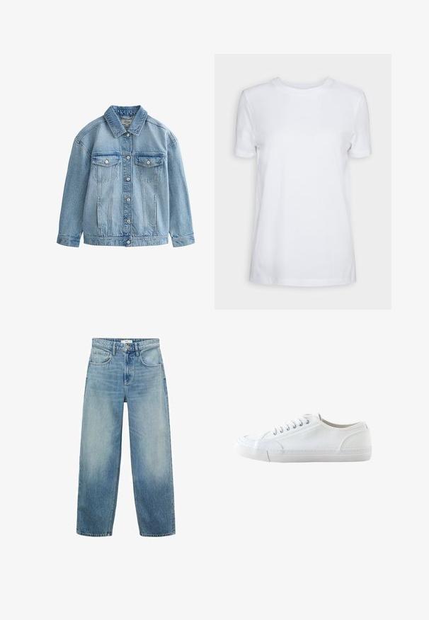 Lyseblå denimjakke med knaplukning, to brystlommer med klap og knapper samt en klassisk krave.; Simpel hvid T-shirt med korte ærmer og rund hals, normal pasform og et lille indvendigt mærke på nakken med teksten "SELECTED FEMME."; Lys blå denim bredbenede jeans med høj talje, fem lommer og knaplukning. Fadede mønster mod bunden.; Hvid lavtop lærredsneaker med hvide snørebånd og gummisål, vist fra siden på en hvid baggrund.