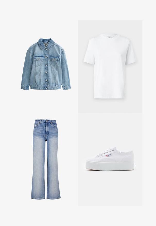 Lyseblå denimjakke med knaplukning, to brystlommer med klap og knapper samt en klassisk krave.; Hvid bomulds T-shirt med rund hals, kortærmet og en glat tekstur. Designet med en afslappet pasform for komfort og alsidighed.; Lys blå denim bred-benede jeans har høj talje, knaplukning, diskret slidmærker og et klassisk fem-lomme design.; Hvide canvas sneakers med en tyk hvid platformssål, rund tå og metaløjelets til snørebånd. Mærkets logo præsenteret på siden.