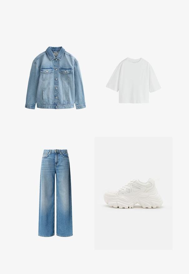 Veste en jean bleu clair avec fermeture à boutons, deux poches poitrine à rabat avec boutons, et un col classique.; T-shirt écru oversize à manches courtes, col rond et coupe ample.; Un jean en denim bleu à jambe large présente un délavage clair, une taille haute, des poches avant et un effet de dégradé subtil le long des jambes. Fini avec une fermeture à bouton.; Baskets blanches épaisses avec un dessus texturé, des panneaux en mesh et des semelles en caoutchouc épaisses avec un motif de semelle prominent. Lacets et tirette inclus.