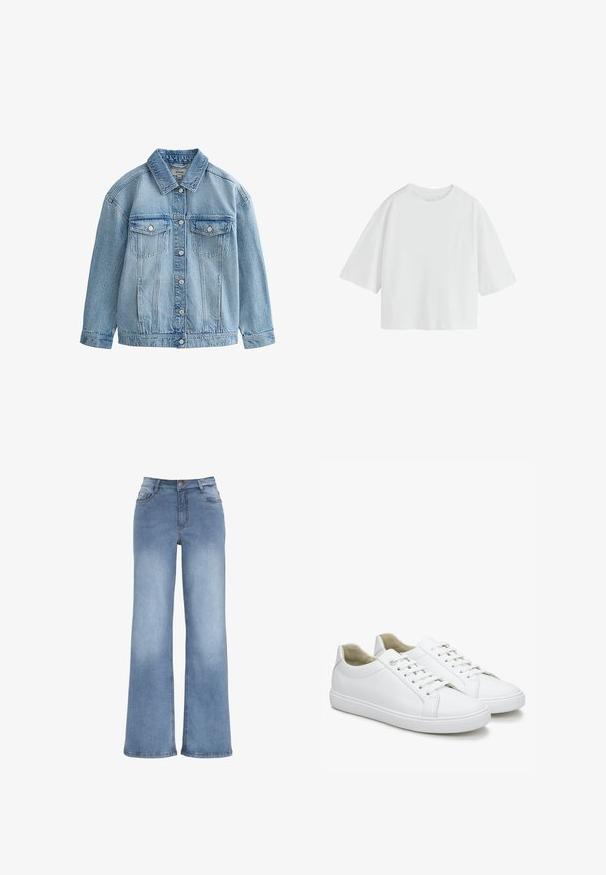 Hellblaue Jeansjacke mit Knopfverschluss, zwei Brustklappen mit Knöpfen und klassischem Kragen.; Schlichtes weißes oversized T-Shirt mit kurzen Ärmeln, rundem Ausschnitt und lockerem Schnitt.; Hellblaue weit geschnittene Jeans aus Denim. Verfügt über einen Knopfverschluss, fünf Taschen und Akzente durch Sticherei. Glatte Textur mit leichter Ausbleichung.; Weiße Ledersneaker mit glatter Textur, runder Spitze und flachen Gummisohlen. Verfügen über Schnürsenkel und ein minimalistisches Design ohne Muster.