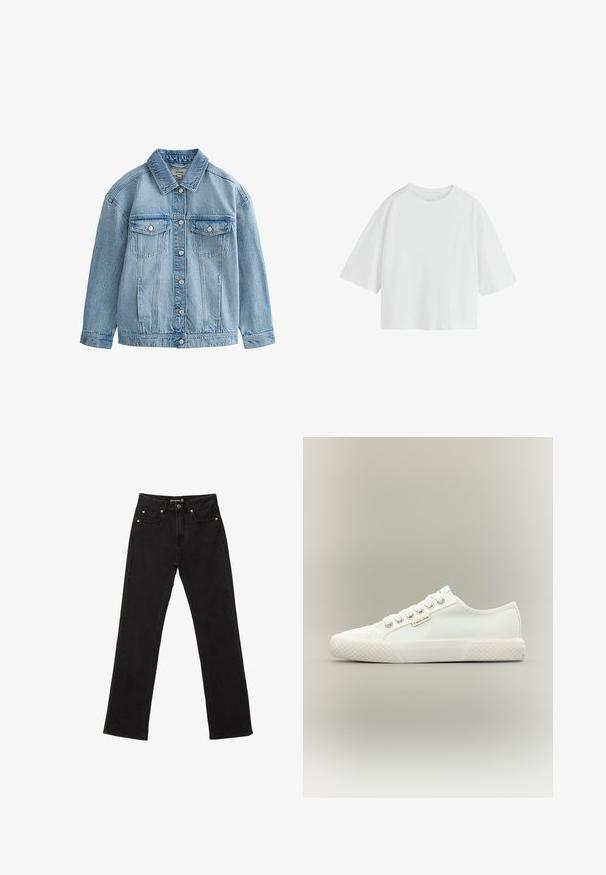 Hellblaue Jeansjacke mit Knopfverschluss, zwei Brustklappen mit Knöpfen und klassischem Kragen.; Schlichtes weißes oversized T-Shirt mit kurzen Ärmeln, rundem Ausschnitt und lockerem Schnitt.; Schwarze Jeans aus Denim im geraden Schnitt, mit fünf Taschen und dezenten Kupferriegel-Akzenten. Hergestellt aus robustem Baumwollstoff.; Weißer Low-Top Canvas-Sneaker mit strukturierter Gummisohle, weißen Schnürsenkeln und kleinem Calvin Klein-Label an der Seite.