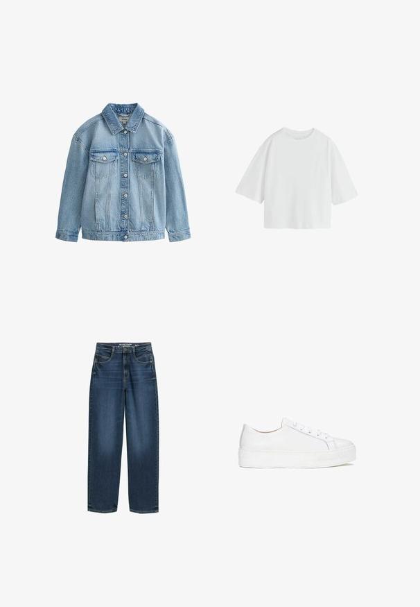 Chaqueta vaquera azul claro con cierre de botones, dos bolsillos en el pecho con solapa y botones, y un cuello clásico.; Camiseta blanca lisa de manga corta oversize con cuello redondo y ajuste holgado.; Jeans de pierna ancha de color azul oscuro con cintura alta, bolsillos frontales y textura de denim clásica. Acabados con detalles de costura sutiles y aberturas de pierna recta.; Zapatilla blanca de cuero con superficie lisa, punta redonda y suela plana. Presenta cierre con cordones y detalles de costura sutiles.