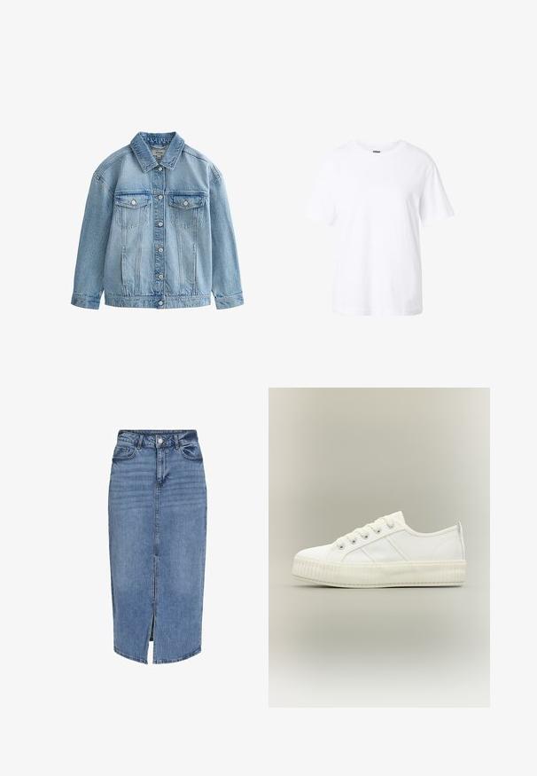 Lichtblauwe spijkerjack met knoopsluiting, twee borstflapzakken met knopen en een klassieke kraag.; Effen witte T-shirt met korte mouwen en een ronde hals, een losse pasvorm en een klein label aan de binnenkant van de kraag.; Lichtblauwe denim midi rok met een voorflap, vijf zakken, riemlussen en een knoopsluiting in de taille. Klassieke pasvorm en textuur.; Witte lage sneaker met dikke geribde zool, veters aan de voorkant en trek-lus aan de hiel tegen een neutrale achtergrond.