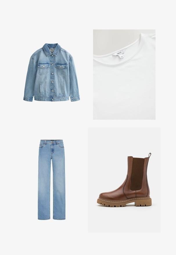 Hellblaue Jeansjacke mit Knopfverschluss, zwei Brustklappen mit Knöpfen und klassischem Kragen.; Weißes T-Shirt mit kurzen Ärmeln aus weicher Baumwolle, das einen runden Ausschnitt und ein Etikett mit "NEXT" auf der inneren Rückseite hat.; Hellblaue, weit geschnittene Jeans aus Denim. Verfügt über einen Standardbund, Fronttaschen und einen Reißverschluss mit Knopfverschluss.; Braune Leder-Ankle-Boots mit elastischen Einsätzen und einem Ziehschlaufe. Sie verfügen über eine robuste Gummisohle und sichtbare Nahtdetails entlang der Kanten.