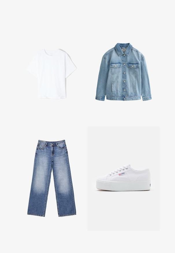 Lyseblå denimjakke med knaplukning, to brystlommer med klap og knapper samt en klassisk krave.; Enkelt hvid bomulds T-shirt med korte ærmer og rund hals, vist fladt på en hvid baggrund.; Lyseblå denim jeans med vide ben, forlommer, bæltestropper, knaplukning og diskret falming på forlårene.; Hvide canvas sneakers med en tyk hvid platformssål, rund tå og metaløjelets til snørebånd. Mærkets logo præsenteret på siden.