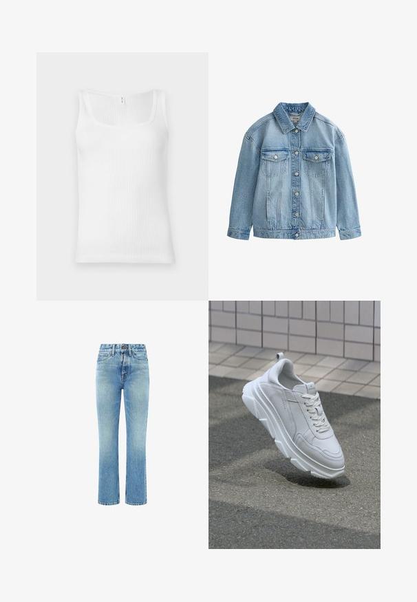 Lyseblå denimjakke med knaplukning, to brystlommer med klap og knapper samt en klassisk krave.; Hvid ribbet tanktop med rektangulær udskæring og brede skulderstropper. Stofmaterialet har en tekstureret, strækbar overflade.; Lysblå denimjeans med høj talje, lige ben og en let cropped længde. Har klassisk fem-lomme design og knaplukning.; Hvide lædersneakers med en tyk, tekstureret gummisål, der har snørebåndslukning og syninger. Rund tå og design med ankelstøtte.