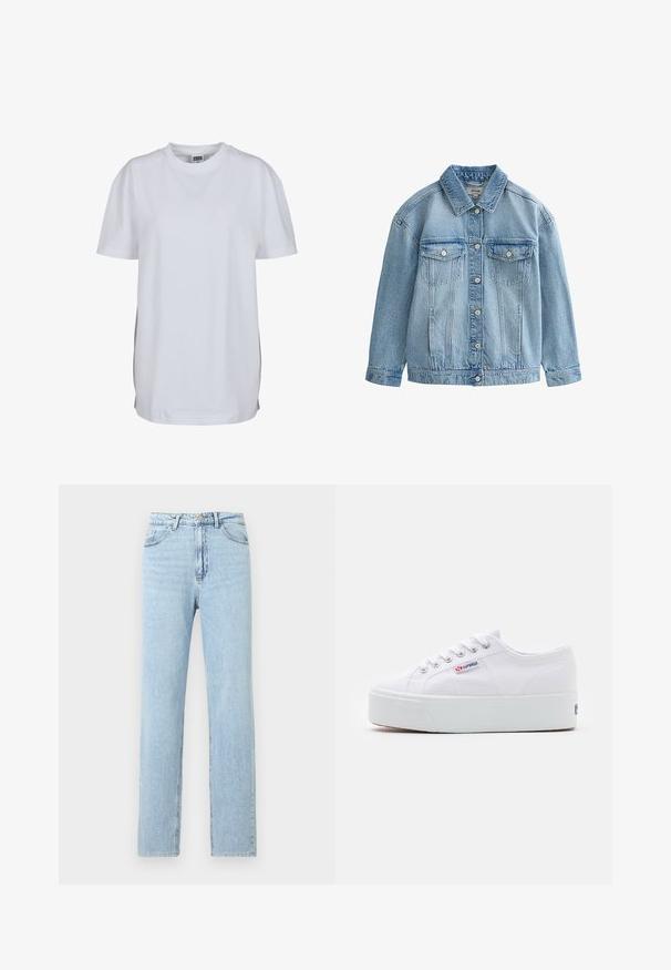 Lichtblauwe spijkerjack met knoopsluiting, twee borstflapzakken met knopen en een klassieke kraag.; Effen wit T-shirt met korte mouwen en ronde hals, met een rechte zoom en een klein zichtbaar merklabel binnenin de kraag.; Lichtblauwe rechte spijkerbroek met voorzakken, riemlussen en een knoop- en ritssluiting.; Witte canvas sneaker met een dikke witte platformzool, ronde neus en metalen oogjes voor veters. Merkl logo aan de zijkant weergegeven.