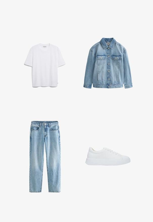 Hellblaue Jeansjacke mit Knopfverschluss, zwei Brustklappen mit Knöpfen und klassischem Kragen.; Weißes Baumwoll-T-Shirt mit kurzen Ärmeln, runder Halslinie und lockerer Passform. Keine sichtbaren Muster oder Logos. Glatte Textur.; Helle blaue Jeans aus Denim mit lockerer Passform. Sie verfügen über vier Taschen, einen klassischen Knopfverschluss und minimalen Used-Look für eine gleichmäßige Textur.; Weiße Leder-Sneaker mit runder Zehenpartie, flachen Schnürsenkeln und einer dicken Gummisohle. Glatte Oberfläche mit minimalen Nähdetails.