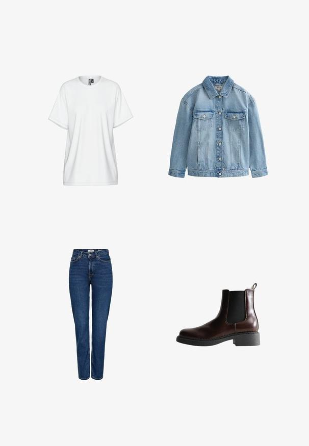 Hellblaue Jeansjacke mit Knopfverschluss, zwei Brustklappen mit Knöpfen und klassischem Kragen.; Weißes Baumwoll-T-Shirt mit Rundhalsausschnitt, kurzen Ärmeln und lockerem Sitz. Verfügt über dezente Steppnähte und ein Etikett am Kragen.; Dunkelblaue Jeans aus Denim mit geradem Bein, hoher Taille, fünf Taschen, heller Naht und feinem strukturiertem Finish.; Braune Leder-Boots mit elastischen Seitenteilen, runder Spitze und einer strukturierten schwarzen Gummisohle. Verfügt über kontrastierende Nähte und eine Ziehlasche.