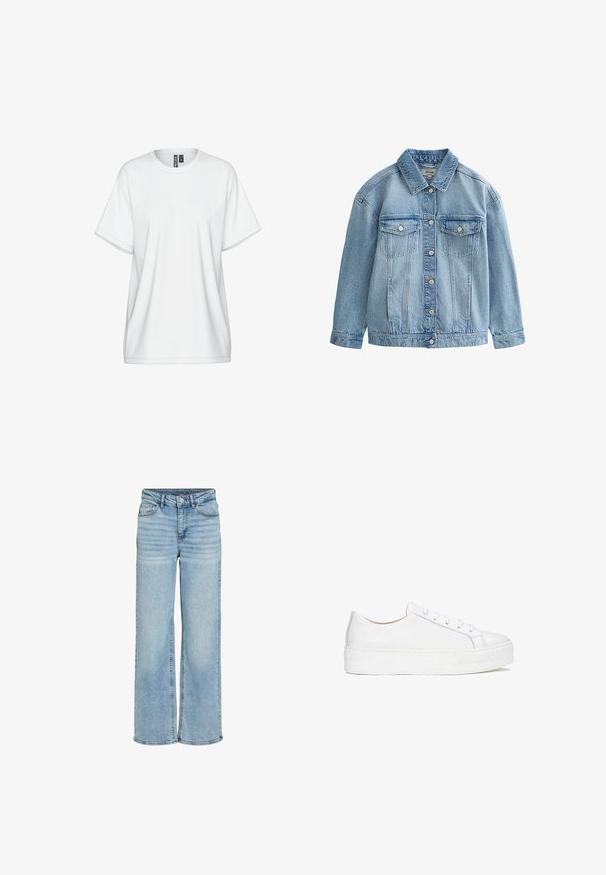 Hellblaue Jeansjacke mit Knopfverschluss, zwei Brustklappen mit Knöpfen und klassischem Kragen.; Weißes Baumwoll-T-Shirt mit Rundhalsausschnitt, kurzen Ärmeln und lockerem Sitz. Verfügt über dezente Steppnähte und ein Etikett am Kragen.; Hellblaue Jeans mit hoher Taille und weitem Bein, mit Frontknopf, Reißverschluss und Fünf-Taschen-Design, auf weißem Hintergrund dargestellt.; Weiße Leder-sneaker mit glatter Oberfläche, runder Zehenform und flacher Sohle. Verfügt über eine Schnürung und dezente Nähdetails.