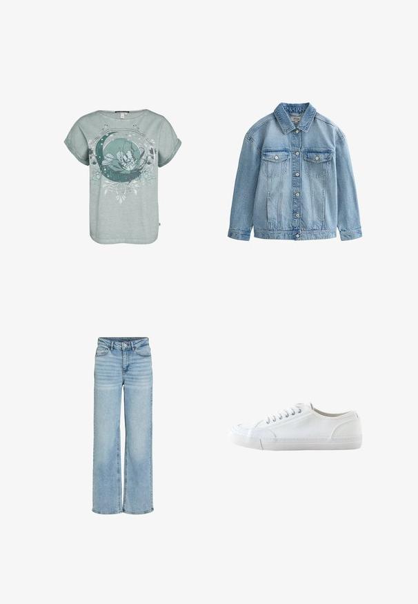 Hellblaue Jeansjacke mit Knopfverschluss, zwei Brustklappen mit Knöpfen und klassischem Kragen.; Kurzärmliges, hellblaues T-Shirt mit floralem Design und einem Halbmond-Grafik. Weiche Textur mit entspannter Passform und umgeschlagenen Ärmeln.; Hellblaue Jeans mit hoher Taille und weitem Bein, mit Frontknopf, Reißverschluss und Fünf-Taschen-Design, auf weißem Hintergrund dargestellt.; Weißer niedriger Canvas-Sneaker mit weißen Schnürsenkeln und Gummisohle, von der Seite auf weißem Hintergrund dargestellt.