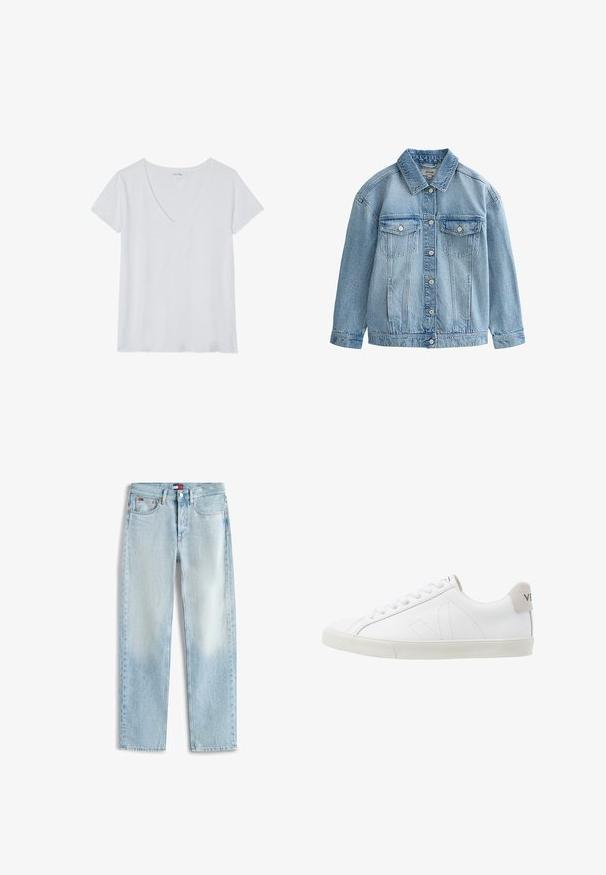 Lichtblauwe spijkerjack met knoopsluiting, twee borstflapzakken met knopen en een klassieke kraag.; Witte V-hals t-shirt met korte mouwen, gemaakt van lichtgewicht stof, met een gladde textuur en een ontspannen pasvorm. Geen patronen of accenten.; Lichtblauwe rechte spijkerbroeken met vijf zakken, een ritssluiting en een klein Tommy Hilfiger-logo op de voorste tailleband en het muntzakje.; Witte leren sneakers met een getextureerde lichtgrijze rubberen zool. Kenmerken zijn onder meer veters, subtiele stiksels en een grijze suède hielaccent.