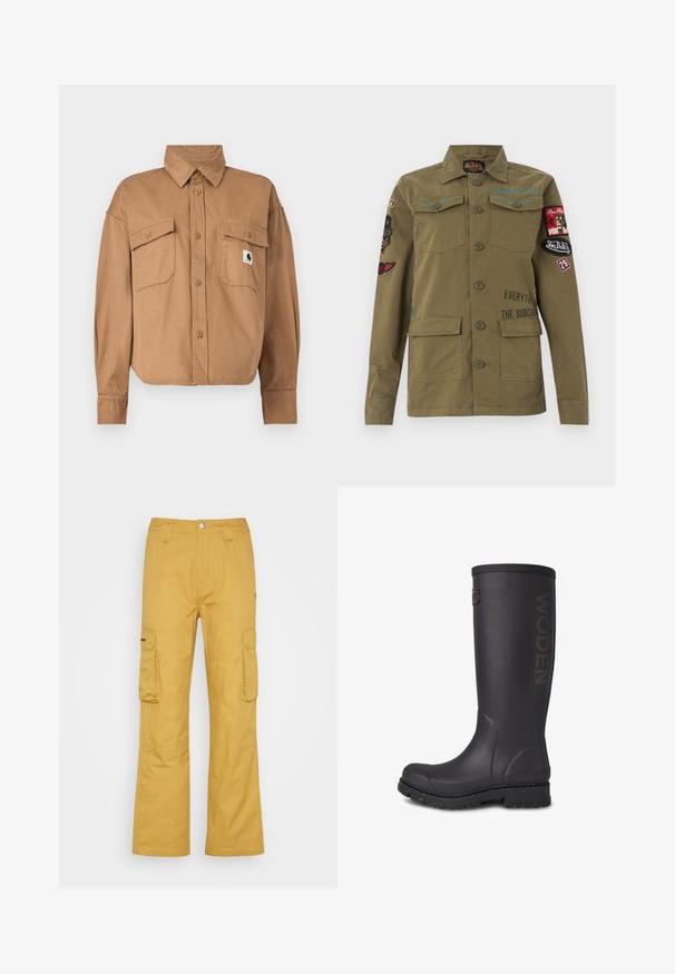 Brun, bomuld, skjorte med knapper og krave. Har to brystlommer og et lille logo-patch. Lange ærmer med knapmanchetter.; Olivengrøn militærinspireret jakke med knapper foran, bryst- og nederste lommer samt flere broderede mærker og tekst på ærmer og bryst.; Cargo bukser i en rig sennepsgul farve, lavet af et robust stof. Har to store sidelommer og et lige ben design.; Høj sort gummistøvle med struktureret overflade, WODEN-logo på siden, og en forstærket sål med spraglete accenter.