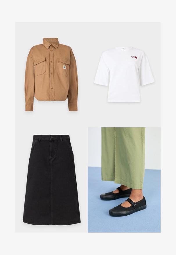 Braunes Baumwollhemd zum Knöpfen mit Kragen. Hat zwei Brusttaschen und ein kleines Logo-Patch. Lange Ärmel mit geknöpften Manschetten.; Weißes Kurzarm-T-Shirt mit rundem Ausschnitt und kleinem kastanienbraunem "The North Face" Logo auf der oberen linken Brust.; Schwarzer knieumspielender Jeansrock mit Fronttaschen, Gürtelschlaufen und einer zentralen Nahtdetail.; Schwarze Leinenschuhe mit runder Spitze, Gummisohle und einer Schnallenriemen. Kombiniert mit lockeren, hellgrünen Hosen.
