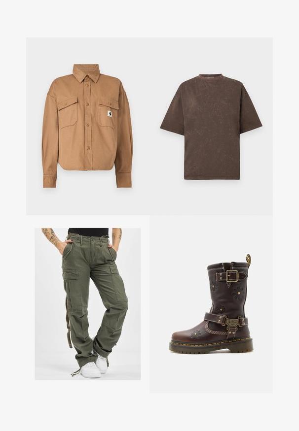 Brun, bomuld, skjorte med knapper og krave. Har to brystlommer og et lille logo-patch. Lange ærmer med knapmanchetter.; Brun oversized T-shirt med korte ærmer og en subtil vaskede tekstur samt rund hals mod en ensfarvet lys baggrund.; Olivengrønne cargo-bukser med flere lommer, snøre i taljen og afslappet pasform. Stoffet har en blød tekstur og en robust, holdbar fremtoning.; Brun læderstøvle til midt på læggen med præget blomstermønster, to justerbare messing spænder, gul syning og robust sål.