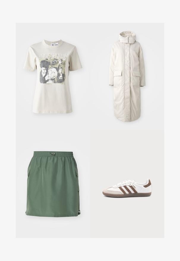Langer, übergroßer cremefarbener Mantel mit hohem Kragen und Kapuze, ausgestattet mit zwei Fronttaschen und einer geraden Silhouette, glatte Stofftextur.; Beige Baumwoll-T-Shirt mit rundem Halsausschnitt. Verfügt über einen Grafikdruck mit Charakteren und Text aus "Buffy" in Schwarz- und Grautönen.; Khakigrüner Rock aus leichtem Stoff, mit einem elastischen Bund, seitlichen Taschen und einem geraden Schnitt mit einem Saumakzent.; Weißer Adidas Samba Sneaker mit braunen Wildlederstreifen, brauner Gummisohle und beiger Wildlederkappe, von der Außenseite auf schlichtem Hintergrund gezeigt.