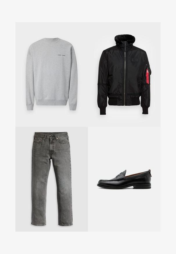 Veste bombardier noire avec un col en fausse fourrure, fermeture éclair, poignets côtelés et une étiquette en tissu rouge sur le bras gauche. Matière lisse avec texture.; Sweatshirt gris en mélange de coton, avec un col et des poignets côtelés. Petit logo noir sur la poitrine. Texture lisse et coupe décontractée.; Jean en denim gris avec une coupe droite, comportant cinq poches, des rivets en cuivre et des coutures visibles. Design classique avec une braguette zippée.; Mocassin homme en cuir noir avec couture moc toe, bride penny, col texturé et petit talon empilé sur fond blanc.