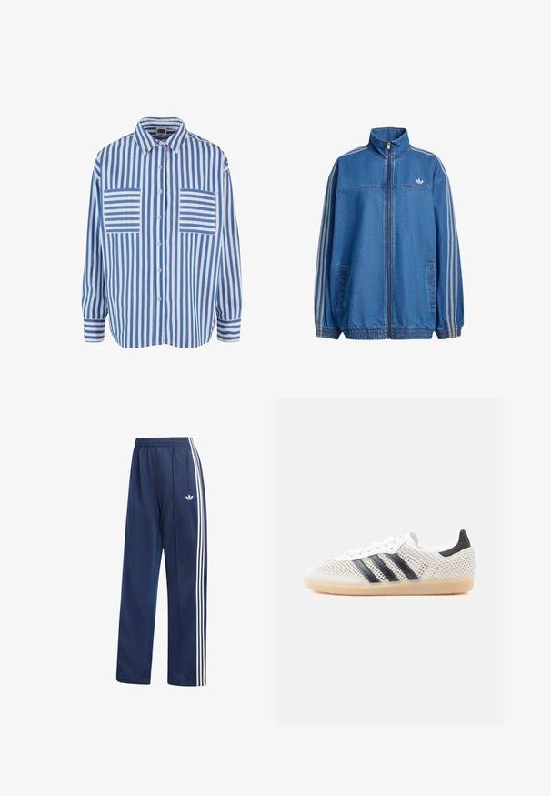 Jeansjacke in Blau mit hohem Kragen und durchgehendem Reißverschluss. Weiße Streifen an den Ärmeln und ein kleines Logo auf der Brusttasche. Elastische Bündchen.; Blau-weiß gestreiftes Hemd mit Knopfleiste, langen Ärmeln und zwei Brusttaschen mit horizontalen Streifen. Baumwollmaterial, lockere Passform.; Marineblaue Adidas Trainingshose mit weißen drei Streifen an den Seiten, elastischem Bund, Reißverschlusstasche und Adidas Trefoil-Logo am linken Oberschenkel.; Weiße Mesh-Sneaker mit schwarzem Drei-Streifen-Design, abgerundeter Spitze und Gummisohle. Verfügen über einen weichen Fersenkragen und Schnürverschluss.