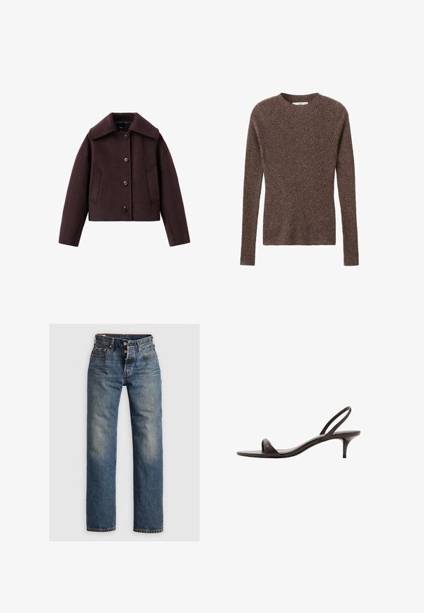 Bordeauxfarbener, kurzer Blazer mit weitem Kragen, Frontknöpfen und zwei seitlichen Taschen; gefertigt aus einem Wollmischgewebe mit glatter Textur.; Brauner gerippter Strickpullover mit rundem Halsausschnitt und langen Ärmeln, der eine strukturierte Oberfläche und eine figurnahe Silhouette aufweist.; Blaue Denim-Jeans mit geradem Bein, ausgestattet mit sichtbaren Nähten, einem Reißverschluss und fünf Taschen. Ausgewaschene Stellen sorgen für Textur.; Schwarze Slingback-Sandale aus Leder mit einem schmalen Riemen über den Zehen und einem niedrigen Kittenabsatz, seitlich auf weißem Hintergrund gezeigt.