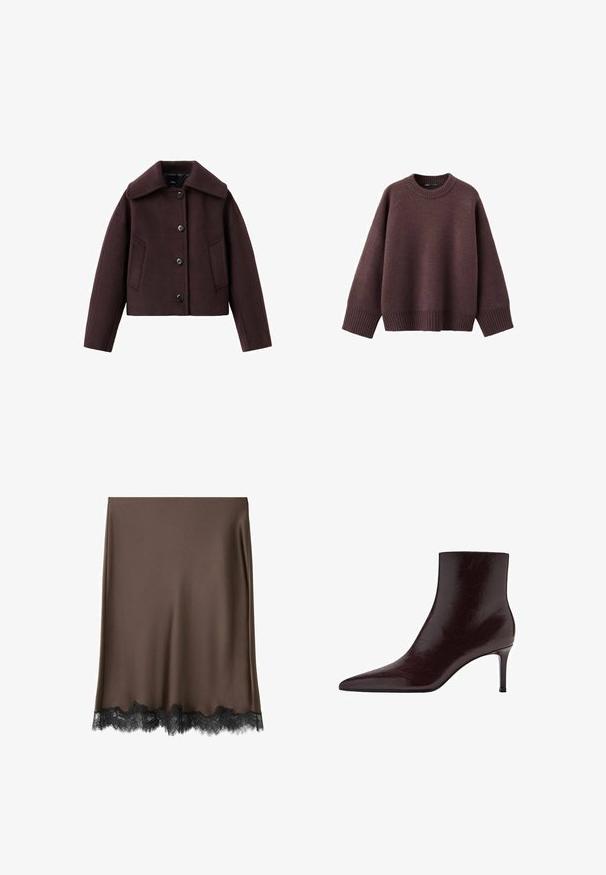Veste courte bordeaux avec un large col, des boutons sur le devant et deux poches latérales ; fabriquée en tissu mélangé de laine à texture lisse.; Pull ample de couleur bordeaux foncé, en tissu tricoté doux. Il présente un col rond côtelé, de larges manches et un ourlet côtelé.; Jupe en satin marron avec un bord en dentelle noire à l'ourlet. Le tissu est lisse et la coupe est droite, longueur jusqu'au genou.; Bottine en cuir bordeaux avec un bout pointu, un design épuré et un haut talon aiguille. Texture lisse avec un discret grain.