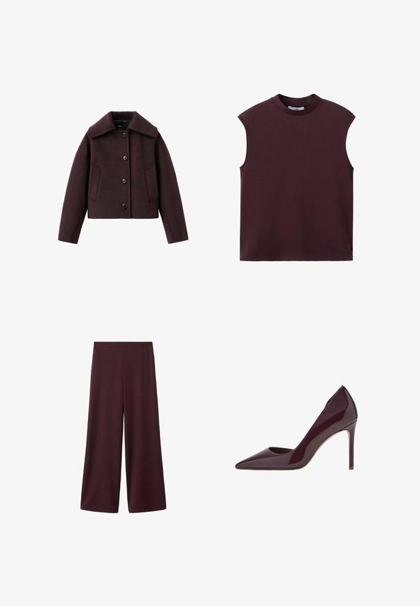 Veste courte bordeaux avec un large col, des boutons sur le devant et deux poches latérales ; fabriquée en tissu mélangé de laine à texture lisse.; Haut sans manches marron foncé à col rond avec une coupe décontractée et un design épuré et simple, présenté sur un fond blanc.; Pantalon large bordeaux en tissu doux et léger avec une texture lisse ; doté d'une taille haute et sans fermetures visibles.; Chaussure à talon haut en cuir verni bordeaux avec bout pointu et empeigne profonde, dotée d'un talon aiguille fin et d'une texture lisse et brillante.