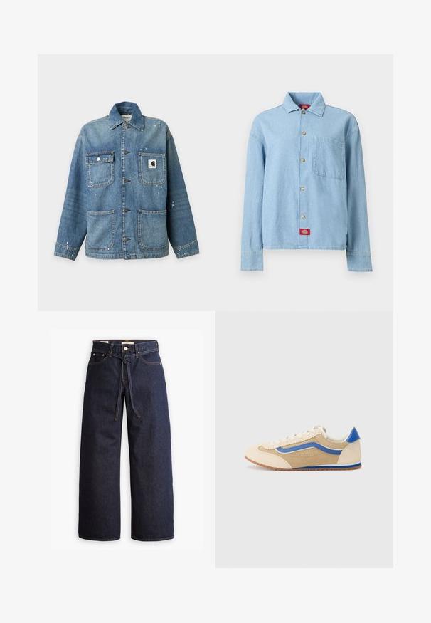 Blauwe spijkerjas met vier voorzakken, metalen knoopsluitingen, een kraag en kleine witte verfvlekken op de stof.; Lichtblauw denim overhemd met lange mouwen, knopen aan de voorkant, één borstzak en een rood logolabel vlak bij de onderzoom.; Wijd pijpjes donkerblauwe denim jeans met een hoge taille, voorzien van een trekkoord, vijf zakken en contrasterende stiksels.; Lichtbruine suède sneaker met een blauwe zijstreep en hielaccent. Ronde neus, platte veters en geperforeerde details op de bovenkant. Rubberen buitenzool.