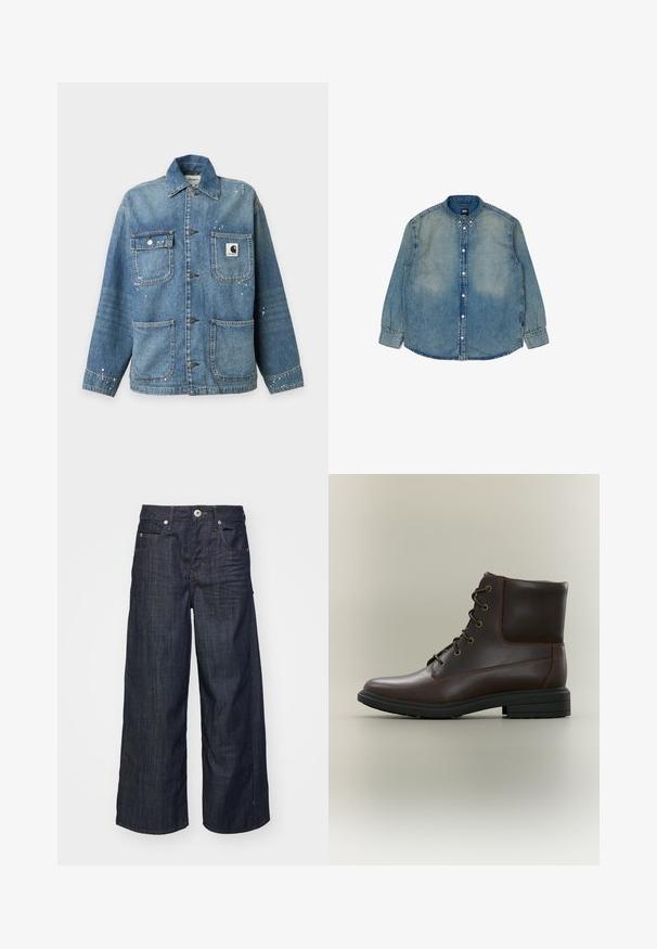 Blå denimjakke med fire forlommer, metal knaplukning, krave og små hvide malerpletter på stoffet.; Lys blå denimskjorte med lange ærmer, knaplukning foran, klassisk krave og subtilt slid. Har syet detaljering langs sømmene.; Mørkeblå vide jeans i denim med frontlukning med knap og lynlås, bæltestropper og fem lomme-design på en hvid baggrund.; Mørkebrun læder snørestøvle med sort sål og lav hæl vist fra ydersiden på en neutral baggrund.