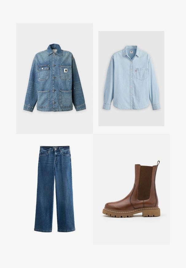 Blauwe spijkerjas met vier voorzakken, metalen knoopsluitingen, een kraag en kleine witte verfvlekken op de stof.; Lichtblauwe spijkerblouse met een puntkraag, lange mouwen, knoopsluiting en een borstzak met een klein logo-label.; Blauwe wijde jeans van denim, met een hoge taille, vijf zakken, subtiele vervaging, knoopsluiting en contrasterende stiksels.; Bruine leren enkelboot met elastische panelen en een trekomed. Kenmerkt zich door een robuuste rubberen zool en zichtbare stiksels langs de randen.