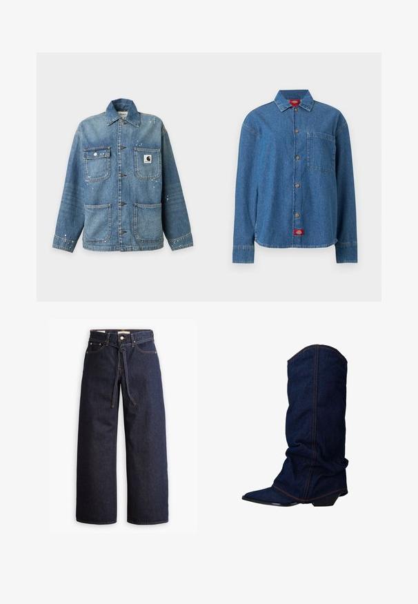 Blauwe spijkerjas met vier voorzakken, metalen knoopsluitingen, een kraag en kleine witte verfvlekken op de stof.; Blauw denim overhemd met lange mouwen, knopen aan de voorkant, een borstzak aan de linkerkant en een rood logolabel aan de onderzoom.; Wijd pijpjes donkerblauwe denim jeans met een hoge taille, voorzien van een trekkoord, vijf zakken en contrasterende stiksels.; sacha Laarzen - blue