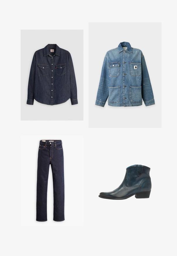 Blå denimjakke med fire forlommer, metal knaplukning, krave og små hvide malerpletter på stoffet.; Mørkeblå denimskjorte med lange ærmer, knaplukning fortil, to brystlommer med klapper og kontrasterende gule sømme.; Mørkeblå straight-leg denim jeans med fem lommer og synlig orange syning på hvid baggrund.; Cowboy ankel støvler lavet af mørkeblåt læder, med spidse tæer, buede detaljer og en lav, stablet hæl med subtile syninger.