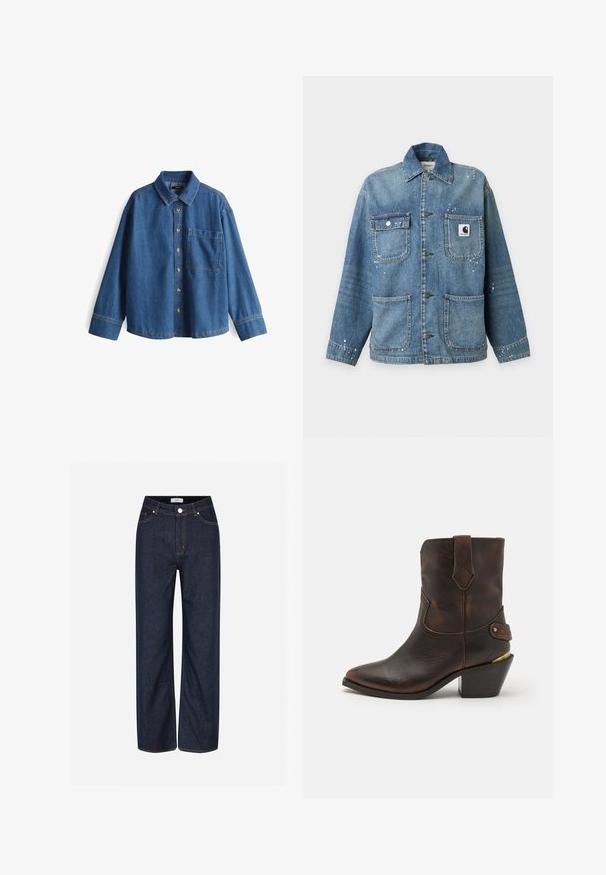 Blauwe spijkerjas met vier voorzakken, metalen knoopsluitingen, een kraag en kleine witte verfvlekken op de stof.; Denim shirt, lichtblauw, lange mouwen, knopenlijst aan de voorkant, kraag, enkele borstzak, contrasterende stiksels en een ontspannen pasvorm.; Donkerblauwe wijde jeans van denim, met grote zakken, contrasterende oranje stiksels en een knoopsluiting in de taille.; Bruine leren cowboylaars met een puntenneus en gestapelde hak. Voorzien van een decoratief ruitpatroon en een riem met hardware accent.