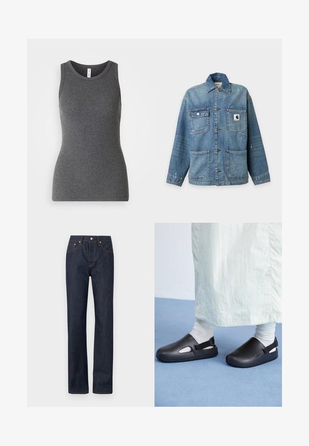 Veste en jean bleue avec quatre poches avant, fermetures à boutons métalliques, un col et de petites éclaboussures de peinture blanche sur le tissu.; Débardeur gris sans manches en matière côtelée ; doté d'un col rond et d'une coupe ajustée. Sans motifs ni accents supplémentaires.; Jeans en denim bleu marine avec une coupe droite, ornés de coutures orange, de cinq poches et d'un bouton de fermeture à la taille.; Des chaussures noires à enfiler en matériau lisse avec un design arrondi, comportant deux ouvertures latérales et une sangle arrière pour un ajustement sécurisé.