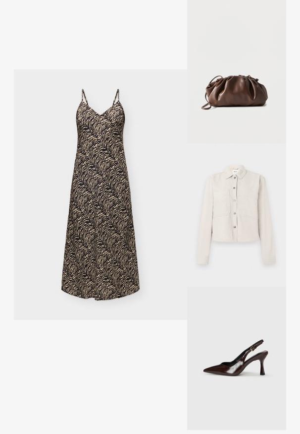 Veste courte beige clair avec manches longues, boutons-pression argentés sur le devant, col pointu et deux poches poitrine.; Robe midi sans manches avec fines bretelles et motif rayures de tigre beige et noir, ajustée en haut et évasée vers l'ourlet.; Talons slingback en cuir verni brun avec un bout pointu, un talon fin, et une sangle réglable avec une petite boucle.; Sacoche en cuir marron doux avec un haut froncé et une fine bandoulière, posée sur un fond blanc.