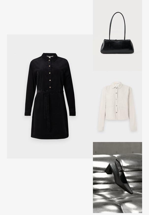 Hellbeige, kurz geschnittene Jacke mit langen Ärmeln, silbernen Druckknöpfen vorne, spitzem Kragen und zwei Brusttaschen.; Schwarzes Cordkleid mit durchgehender Knopfleiste, langen Ärmeln und einem Bindegürtel in der Taille. Verfügt über einen klassischen Kragen und seitliche Taschen.; Schwarzer Slingback-Absatz mit spitz zulaufender Spitze, der eine strukturierte Oberfläche und einen massiven Blockabsatz aufweist. Auf einem glänzenden, metallischen Hintergrund platziert.; Schwarze rechteckige Schultertasche mit langen dünnen Trägern und einer glatten, glänzenden Textur auf einfarbigem Hintergrund.