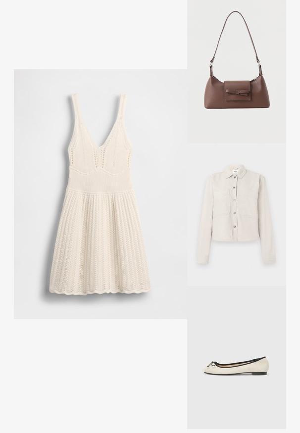 Hellbeige, kurz geschnittene Jacke mit langen Ärmeln, silbernen Druckknöpfen vorne, spitzem Kragen und zwei Brusttaschen.; Strickkleid in Creme mit V-Ausschnitt, geripptem Oberteil und ausgestelltem Rock mit wellenförmigem Saum und durchgehendem Lochmuster.; Balletschuh aus beigem Textil mit schwarzem Rand. Mit einer abgerundeten Schuhspitze und einem kleinen Schleifenakzent an der Vorderseite. Flache Sohle.; Braune Leder-Umhängetasche mit einer vorderen Klappentasche, die ein gestepptes Schleifendetail und einen verstellbaren Riemen aufweist.
