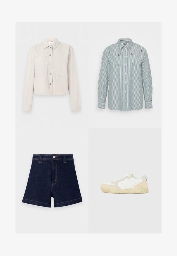 Lysebeige cropped jakke med lange ærmer, sølvfarvede trykknapper foran, spids krave og to brystlommer.; Stribet langærmet skjorte i grøn og hvid med lodrette striber, knaplukning foran og dekorative metalblomsterdetaljer.; Mørkeblå denimshorts med klassisk snit, fem-lomme design og kontrastfarvet gul syning samt metalknaplukning.; Hvid og beige sneaker med en overdel i ruskind og tekstil, med kontrastsyninger, en gummisål og en lyseblå detalje på hælen.