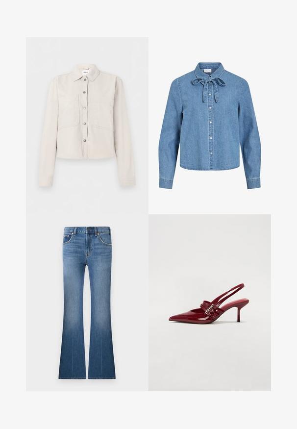 Lysebeige cropped jakke med lange ærmer, sølvfarvede trykknapper foran, spids krave og to brystlommer.; Lyseblå denimskjorte med lange ærmer, sølvfarvede trykknapper foran og en bundet sløjfe ved kraven.; Blå denimjeans med høj talje, forlommer, knap- og lynlåslukning samt vide ben.; Røde patenteret læder slingback hæle med spids tå, to spændebånd og en slank, mellemhøj stiletto hæl. Glat tekstur.