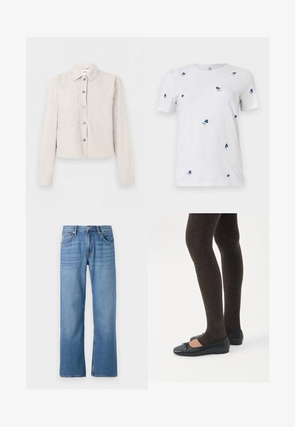 Lichtbeige cropped jas met lange mouwen, zilveren drukknopen aan de voorkant, puntige kraag en twee borstzakken.; Wit T-shirt met korte mouwen met kleine, verspreide blauwe bloemembroiderie en groene stelen, ronde hals, effen achtergrond.; Lichtblauwe denim jeans met een recht model, vijf-pocket stijl, enkele knoopsluiting en gestikte details langs de naden.; Benen met donkere geribbelde leggings gecombineerd met zwarte ballerina's met kleine strikdetails op een witte achtergrond.