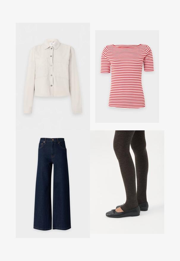 Veste courte beige clair avec manches longues, boutons-pression argentés sur le devant, col pointu et deux poches poitrine.; Chemise à manches courtes rayée horizontale rouge et blanche avec un col large, légèrement en forme de bateau, sur un fond clair uni.; Jean en denim bleu foncé à jambes larges avec cinq poches et détails de rivets en cuivre sur un fond clair uni.; Jambes portant des leggings côtelés foncés associés à des ballerines noires avec de petits détails en nœud sur fond blanc.