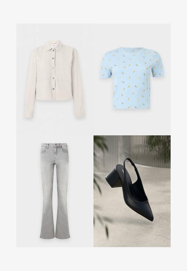 Veste courte beige clair avec manches longues, boutons-pression argentés sur le devant, col pointu et deux poches poitrine.; Crop top court à manches courtes bleu clair côtelé avec encolure ronde et petits motifs de fruits orange dispersés sur le tissu.; Jean flare taille haute pour femmes en gris clair avec poches avant, fermeture par bouton et un petit détail usé sur la cuisse gauche.; Escarpin noir en cuir avec un bout pointu et un talon bloc. Texture lisse, design minimaliste et bride de cheville réglable.