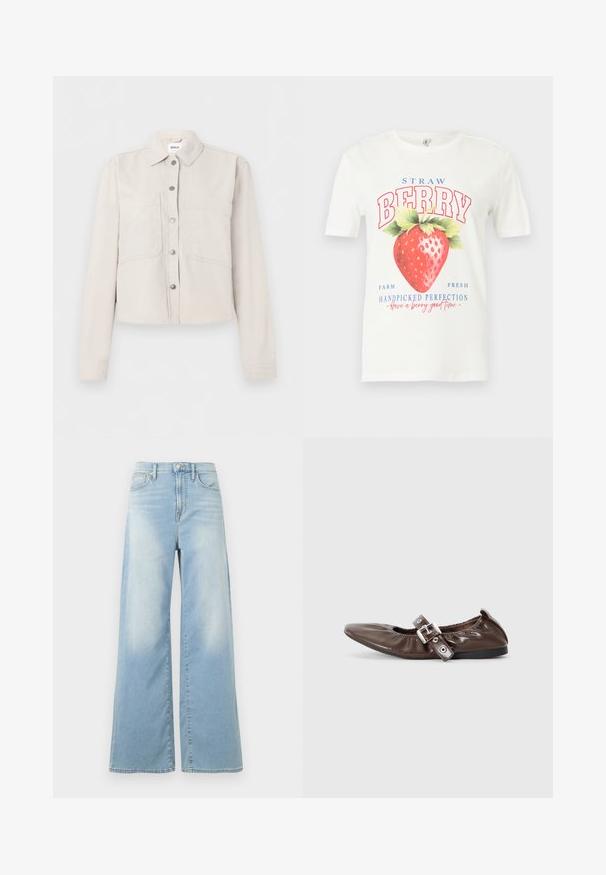 Lysebeige cropped jakke med lange ærmer, sølvfarvede trykknapper foran, spids krave og to brystlommer.; Hvid T-shirt med korte ærmer og stort rødt jordbærmotiv samt tekst, der lyder "STRAW BERRY", "Farm Fresh" og "Handpicked Perfection."; Lyseblå jeans med vide ben og høj talje, forrest med knapper og lommer, vist mod en hvid baggrund.; Brun lakeret flad sko med spids tå, elastisk sløjfedetalje og en sølvspændeaccent på siden. Sort gummisål.